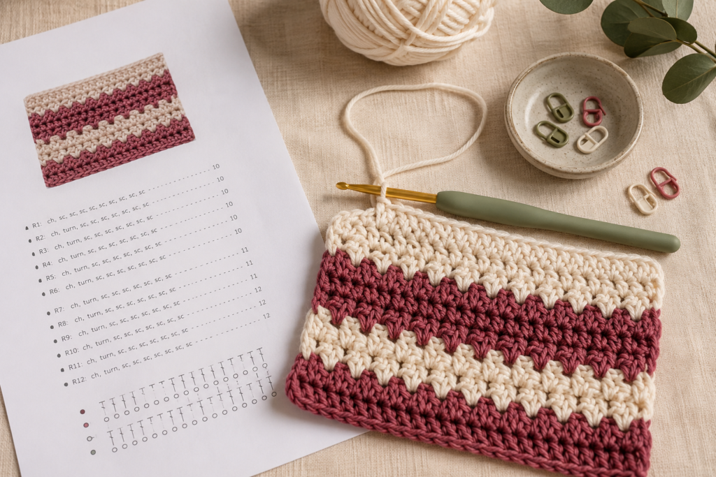 Printed crochet pattern beside a cream and berry practice swatch, crochet hook, yarn, and stitch markers