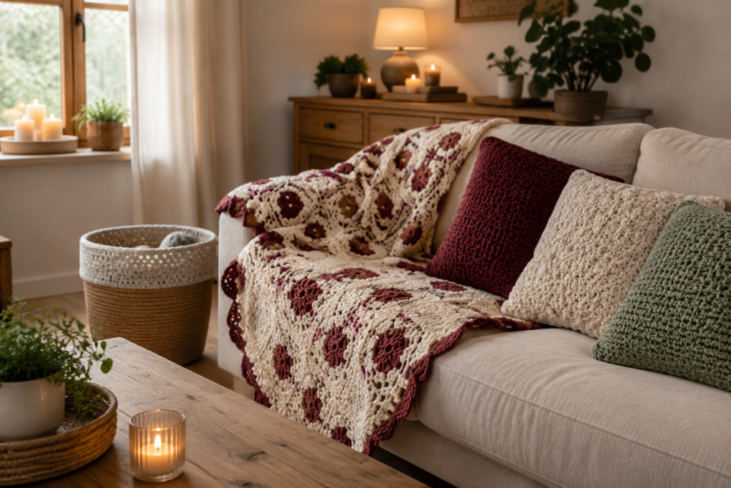 Warm hygge living room with cream, berry, and sage crochet blankets, cushions, and a handmade basket