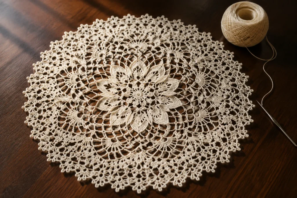 Intricate round ecru crochet lace doily on a dark wooden table