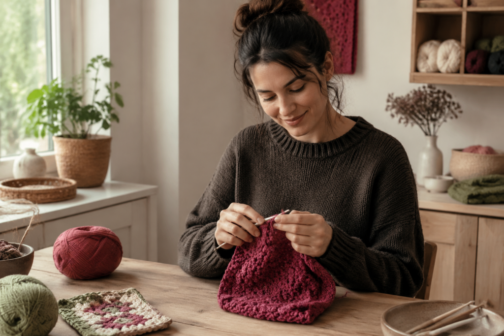Crochet maker working on a berry handmade piece in the warm Crochelly studio