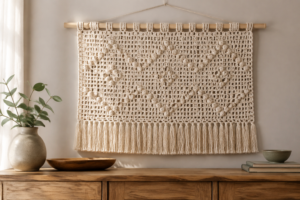 Ivory modern crochet wall hanging on a wooden dowel above a console