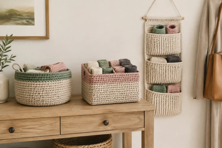Coordinated crochet baskets and hanging organizers in warm neutral colors