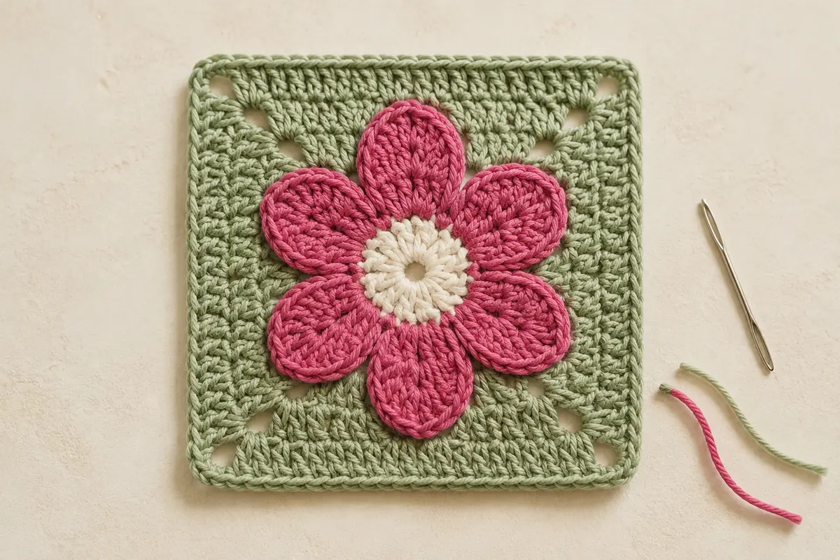 Finished six-petal granny square with sage border, four corners, yarn needle and yarn tails