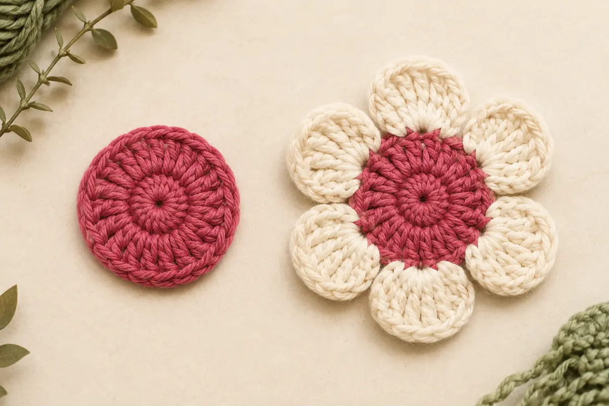Round 1 crochet center beside the same motif with six completed petals