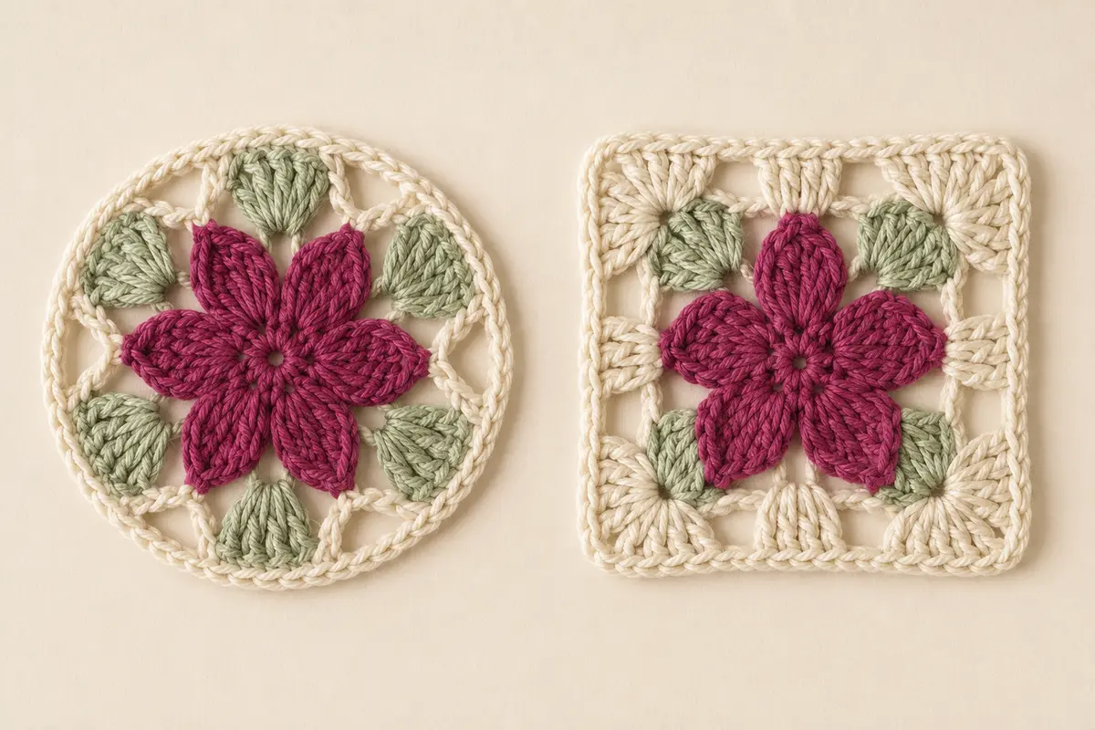 Six-petal crochet flower shown as a circle in Round 3 and squared with four corners in Round 4