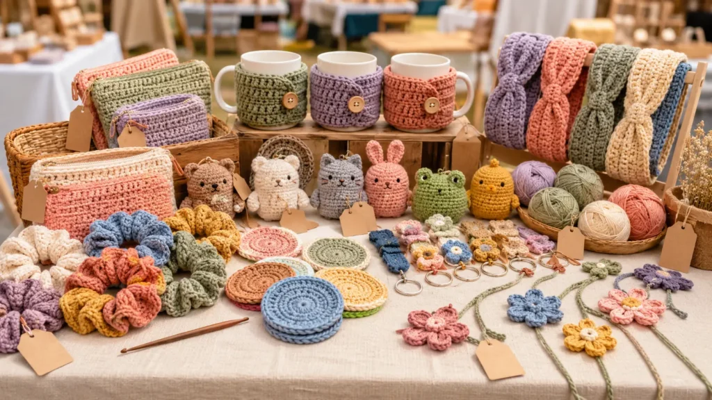 Craft-market display of quick crochet products including pouches, mug cozies, headbands, plush toys, coasters and keychains