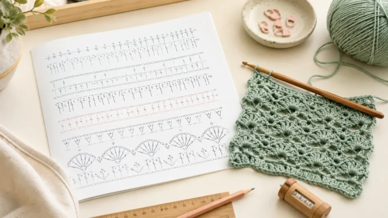 Crochet stitch chart beside a matching sage swatch, hook, yarn, stitch markers, ruler and row counter