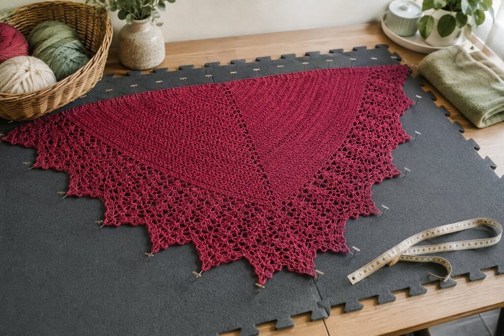 Berry crochet shawl re-blocked on foam mats with rustproof pins and measuring tape