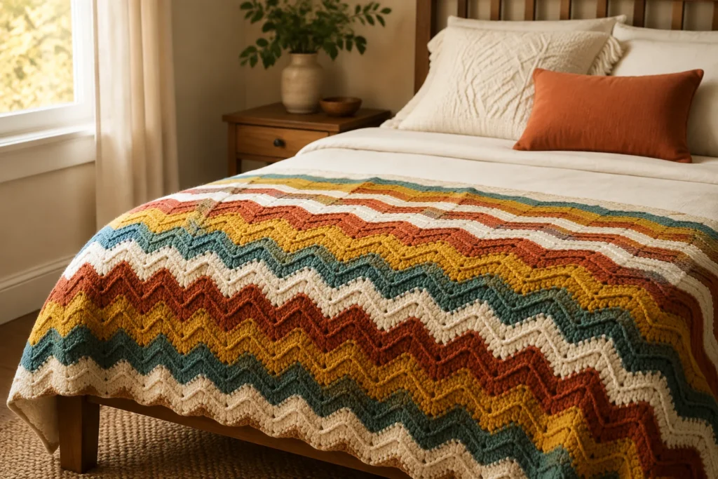 Colorful chevron ripple crochet afghan displayed on a bed