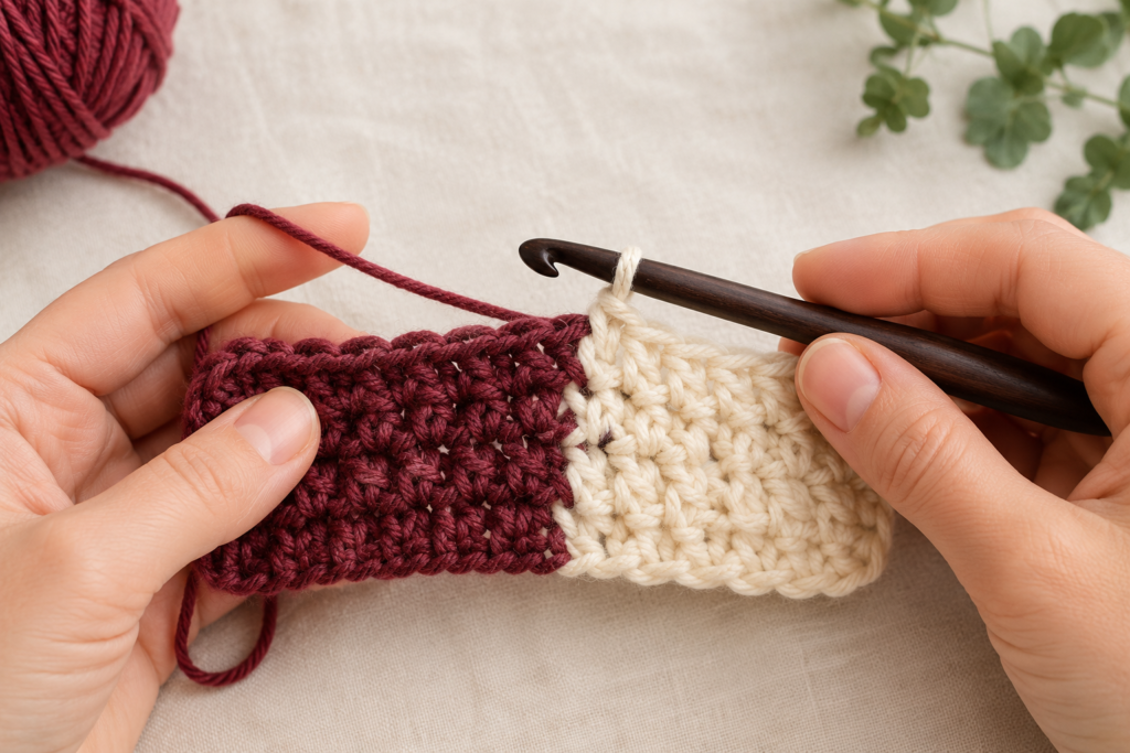 Hands demonstrating a seamless change from berry to cream yarn in a crochet swatch