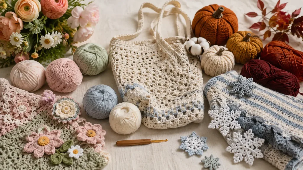 Seasonal crochet projects arranged for spring, summer, fall and winter