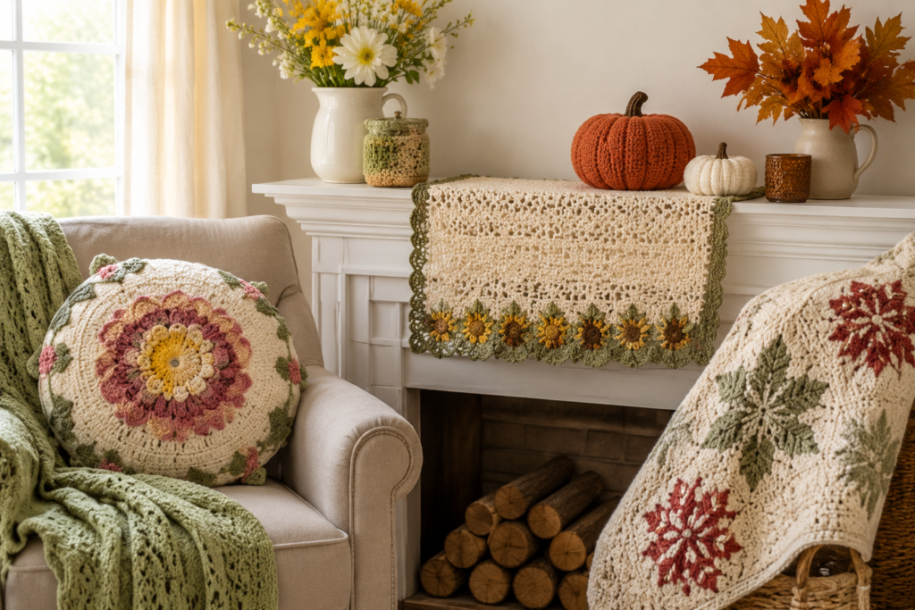 Seasonal crochet decorations with floral cushions, pumpkins and cozy blankets