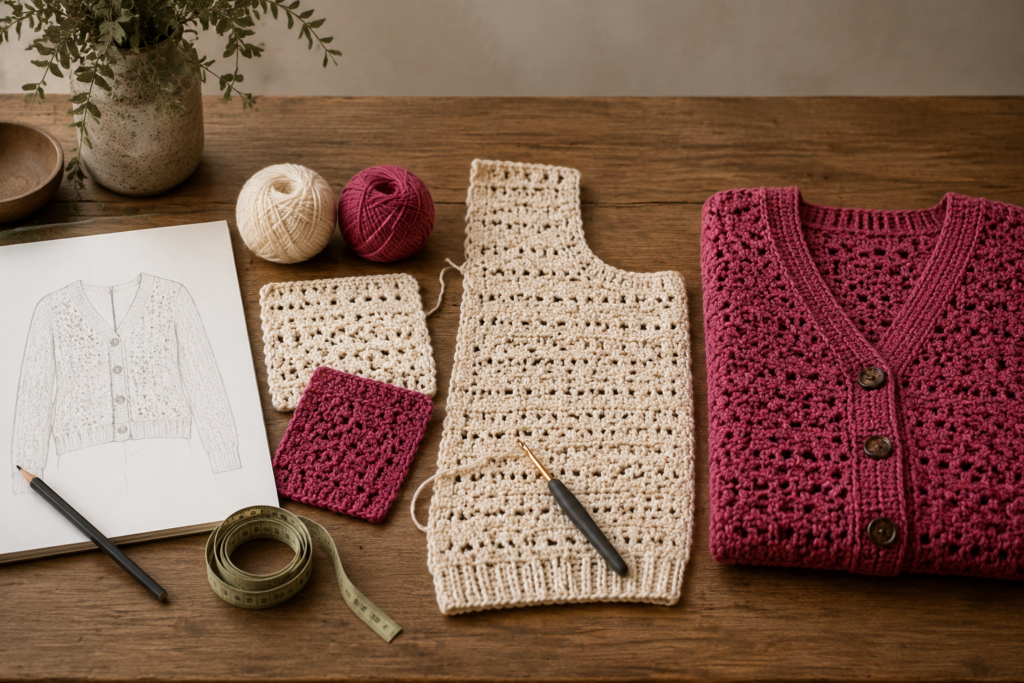 Crochet cardigan design shown from fashion sketch and swatches to finished berry garment