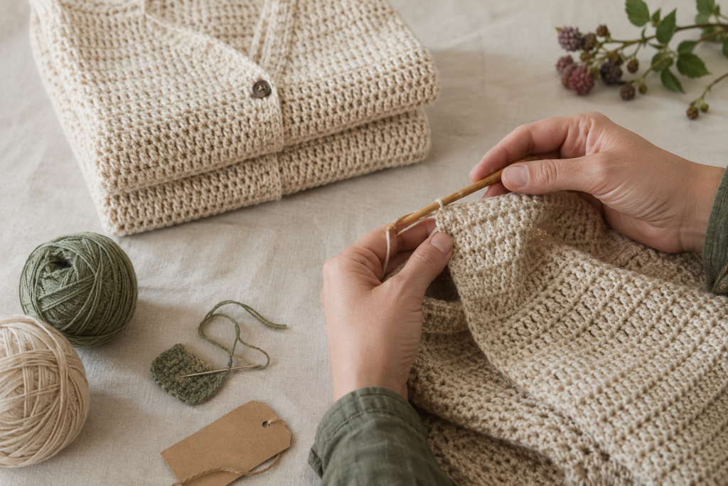 Hands crocheting a durable cream natural-fiber garment beside folded handmade cardigans and sage yarn