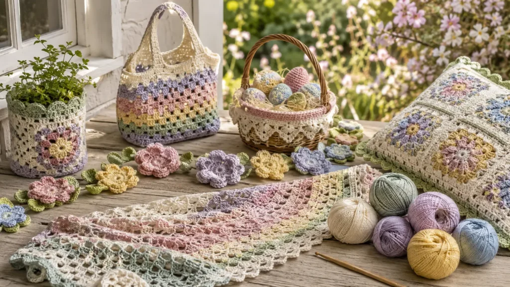 Pastel spring crochet projects with flowers, a market bag, basket, shawl and cotton yarn