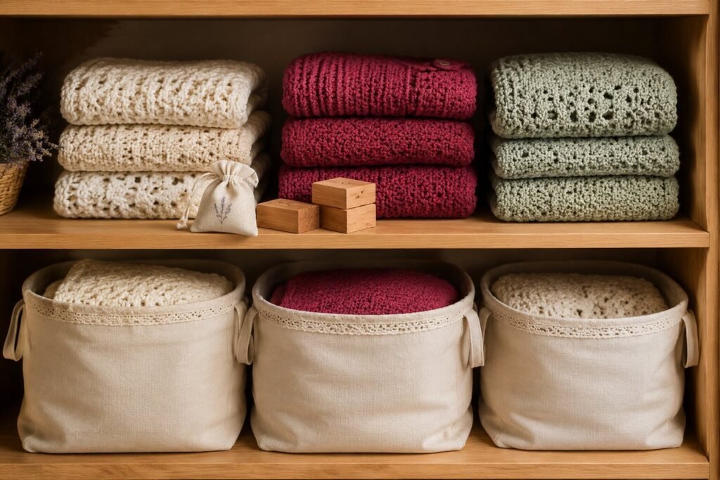 Cream, berry, and sage crochet pieces folded on a wooden shelf with breathable storage bags