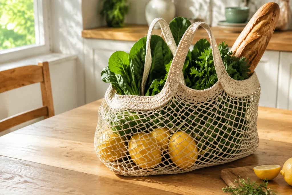 Crochet mesh market bag filled with fresh produce and bread