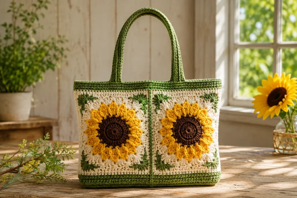 Handmade crochet tote bag with bright sunflower granny squares