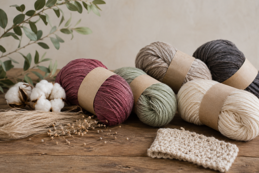 Sustainable natural yarn in cream, berry, sage, oatmeal, and charcoal with raw cotton and flax