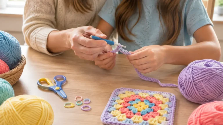 Adult gently guiding a school-age child using a large crochet hook and colorful chunky yarn