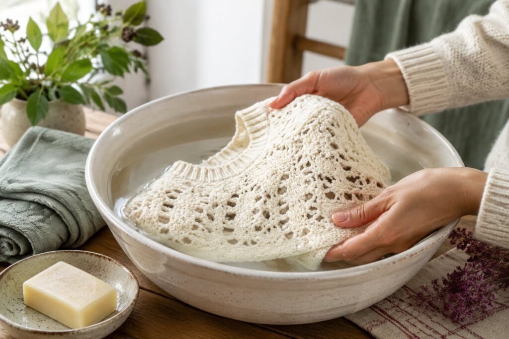 Hands gently washing a cream crochet sweater in a ceramic basin of cool water