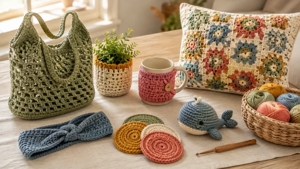 Seven quick crochet projects including a market bag, headband, coasters, mug cozy, plant cover, plush whale and cushion