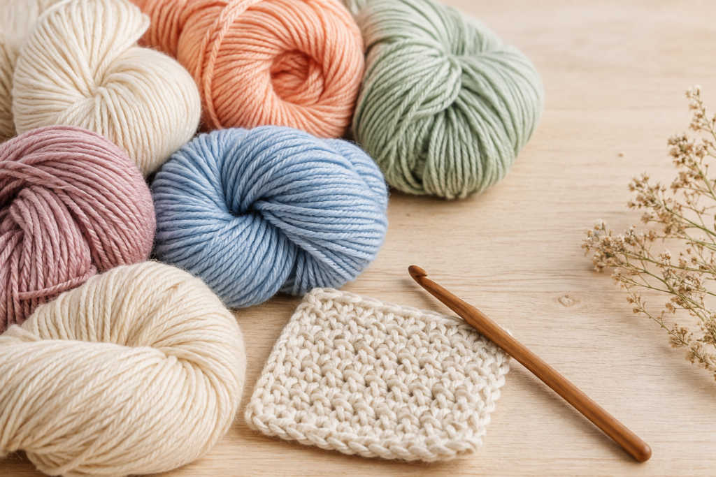 Soft pastel yarn skeins, crochet hook and gauge swatch for baby projects