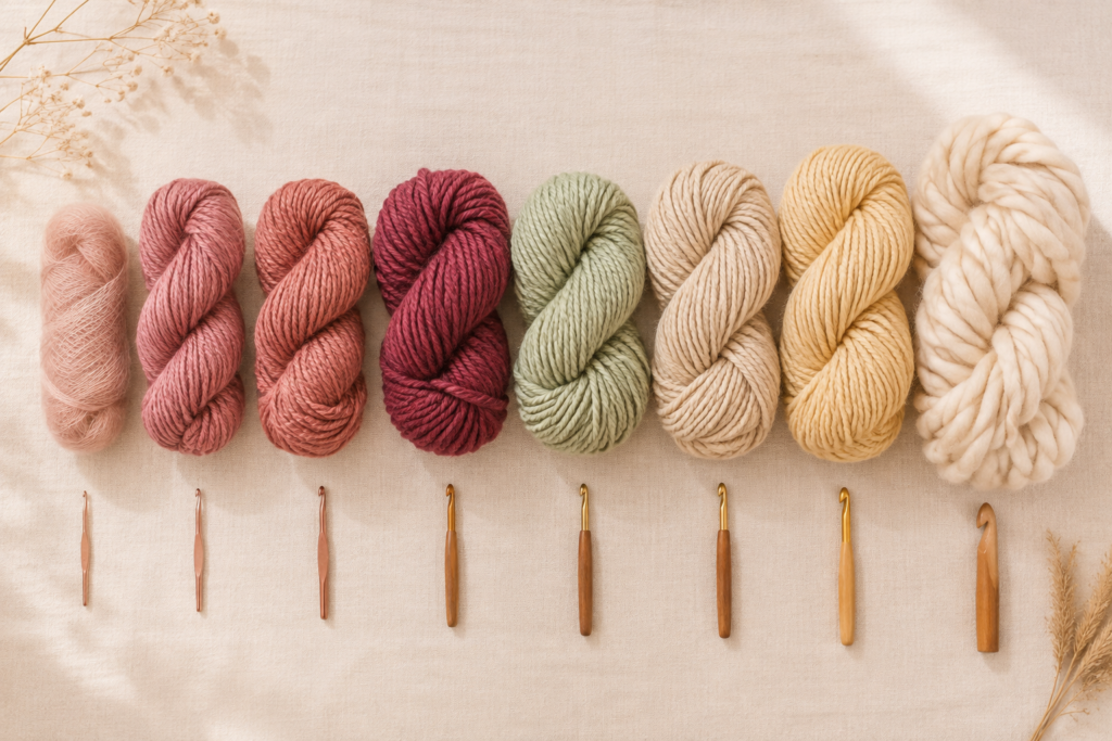 Eight yarn weights arranged from fine lace yarn to jumbo yarn with matching crochet hooks