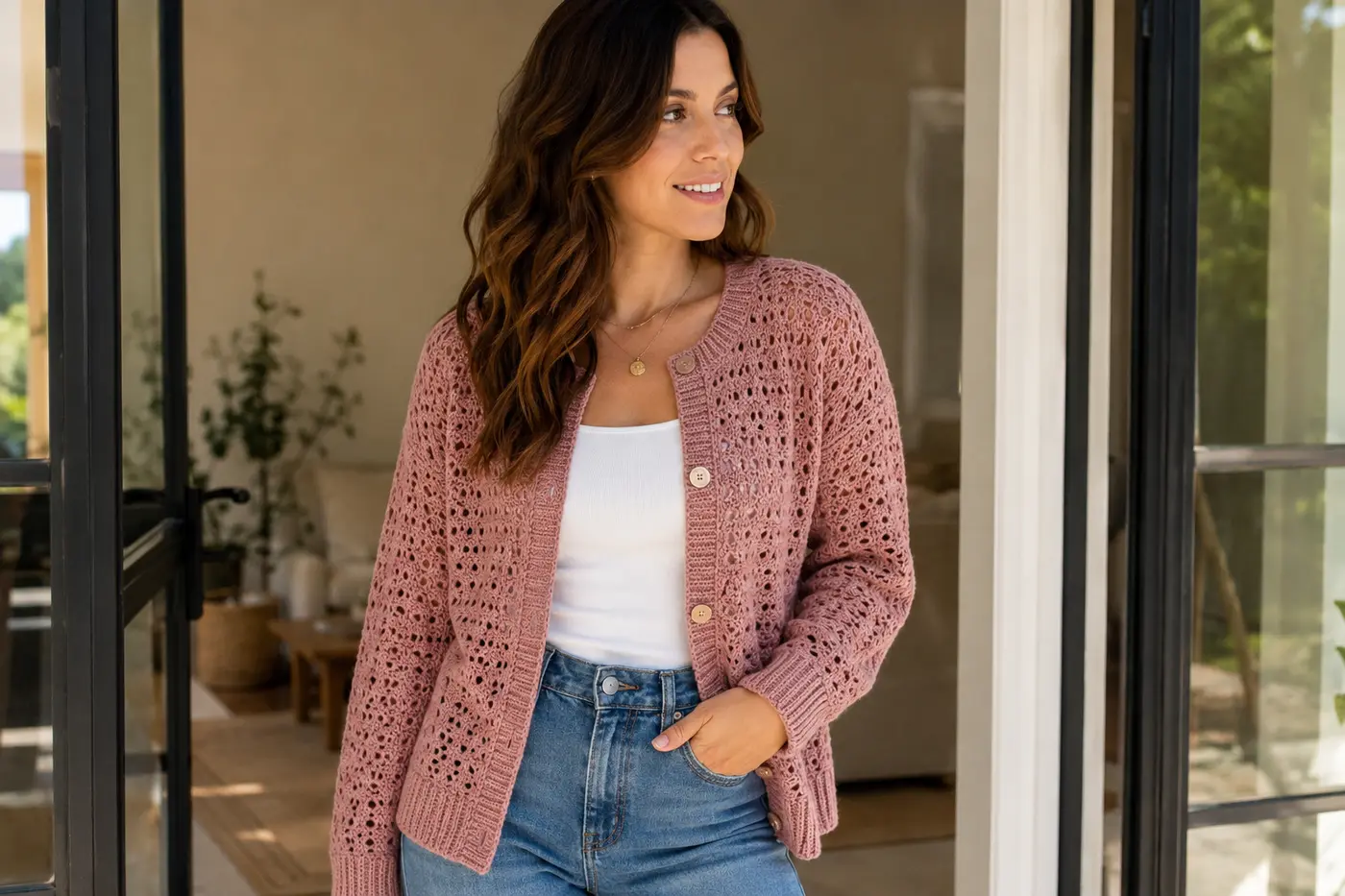 Fitted dusty rose crochet cardigan
