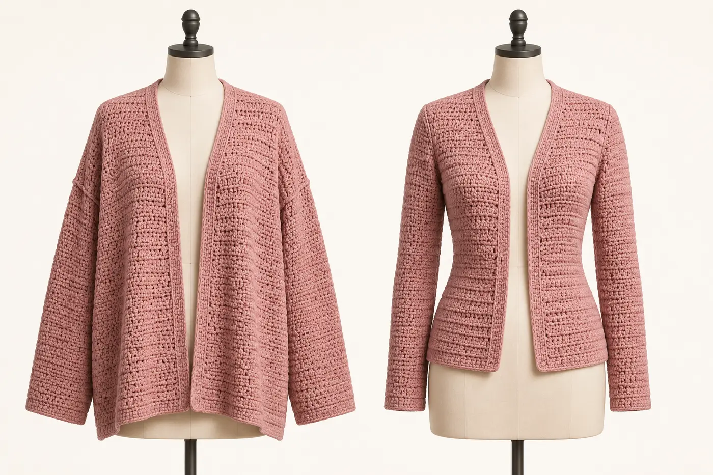 Crochet cardigan fit comparison on dress forms