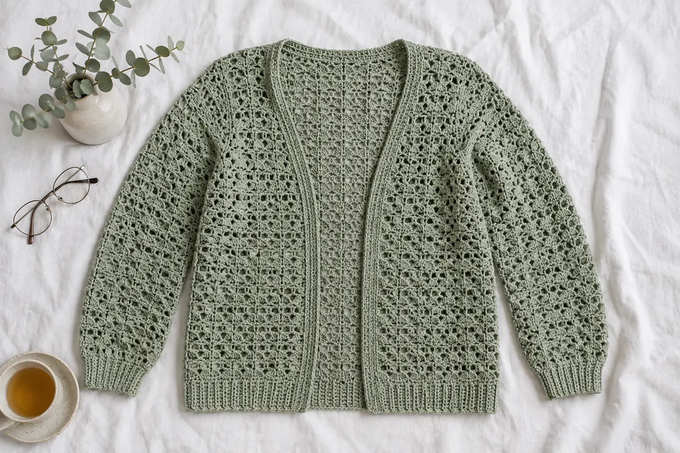 Sage green crochet cardigan laid flat