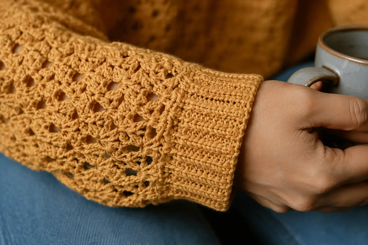 Mustard crochet sleeve and ribbed cuff detail
