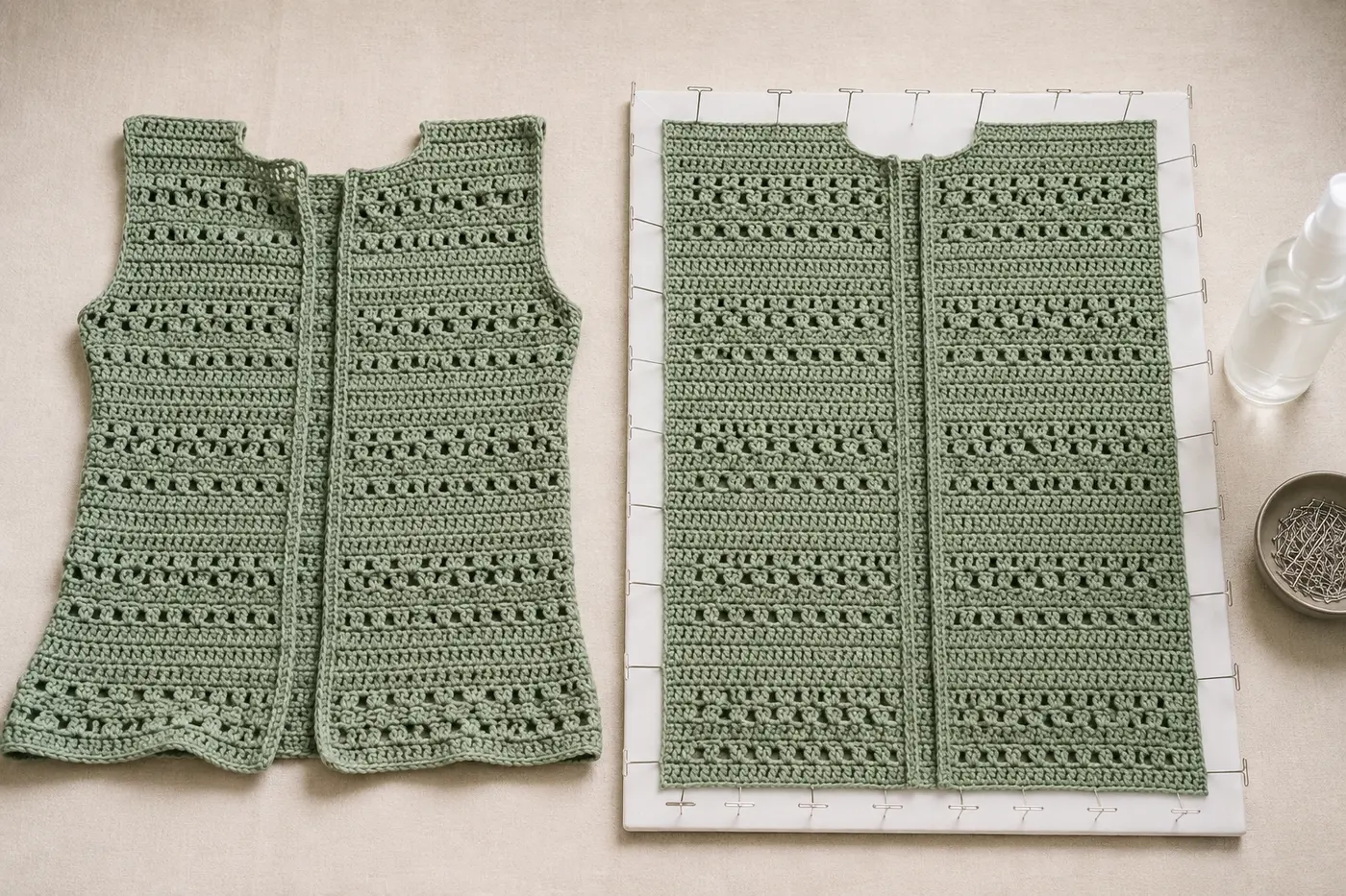 Crochet cardigan panel before and after blocking