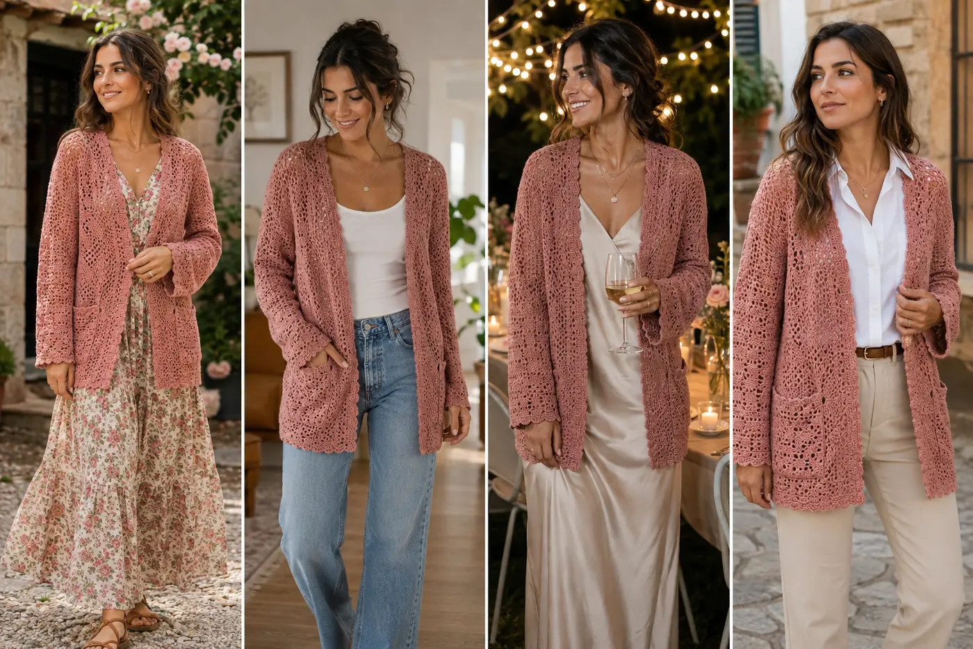 Four ways to style a dusty rose crochet cardigan