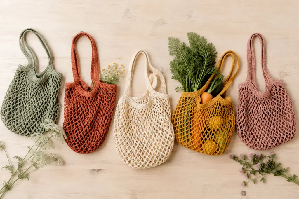 Five crochet mesh bags in warm earthy colors