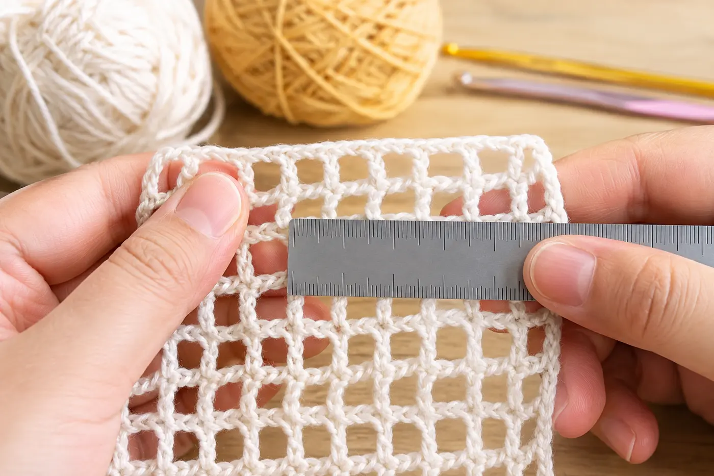 Measuring a cotton crochet mesh gauge swatch