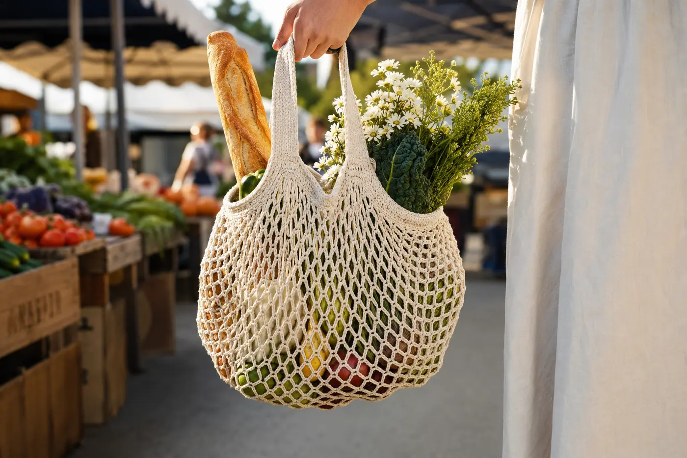 Classic French crochet market bag with fresh produce