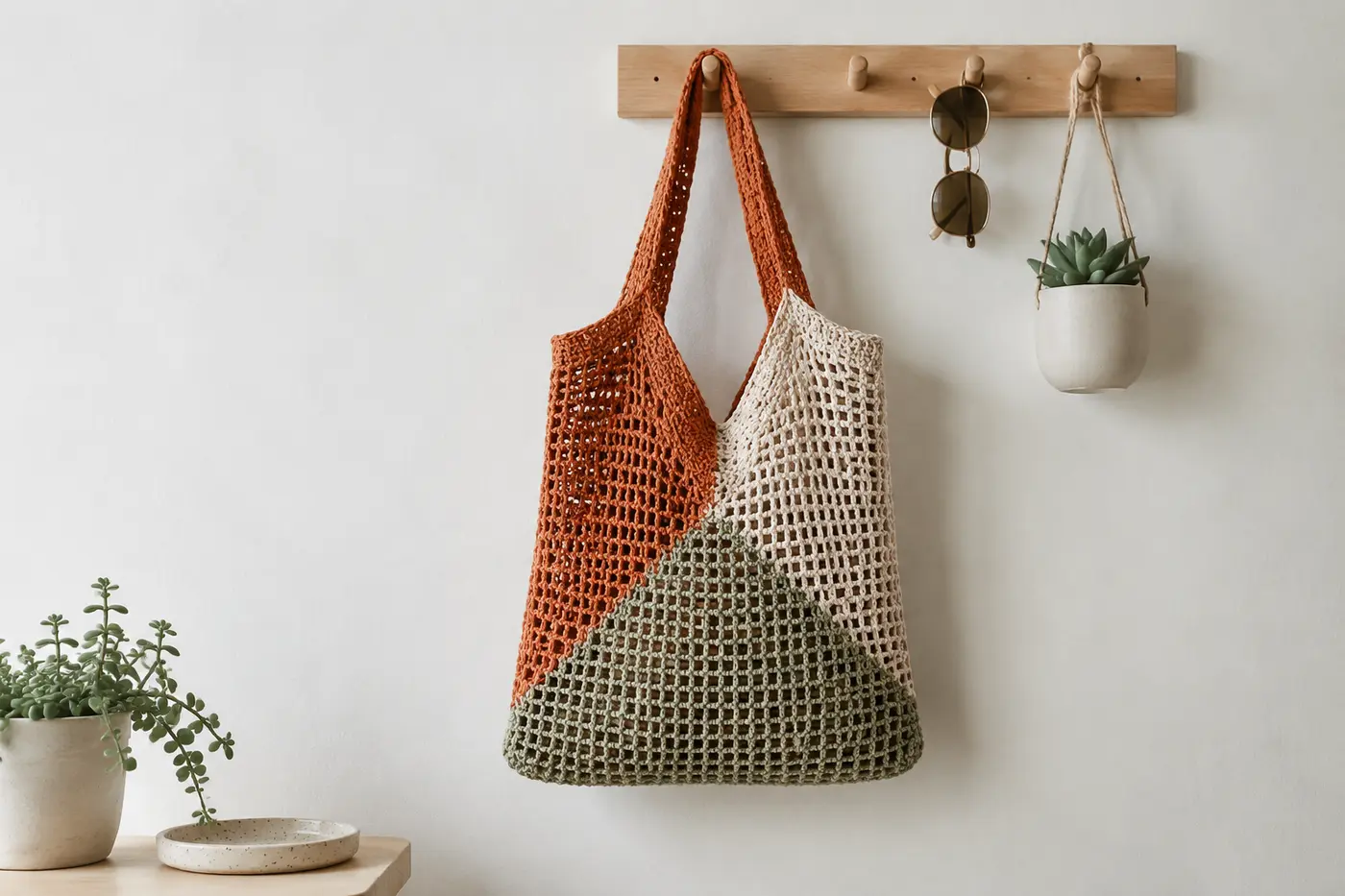 Geometric color-block crochet mesh tote