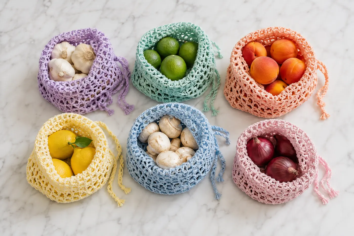 Pastel crochet drawstring produce bag set
