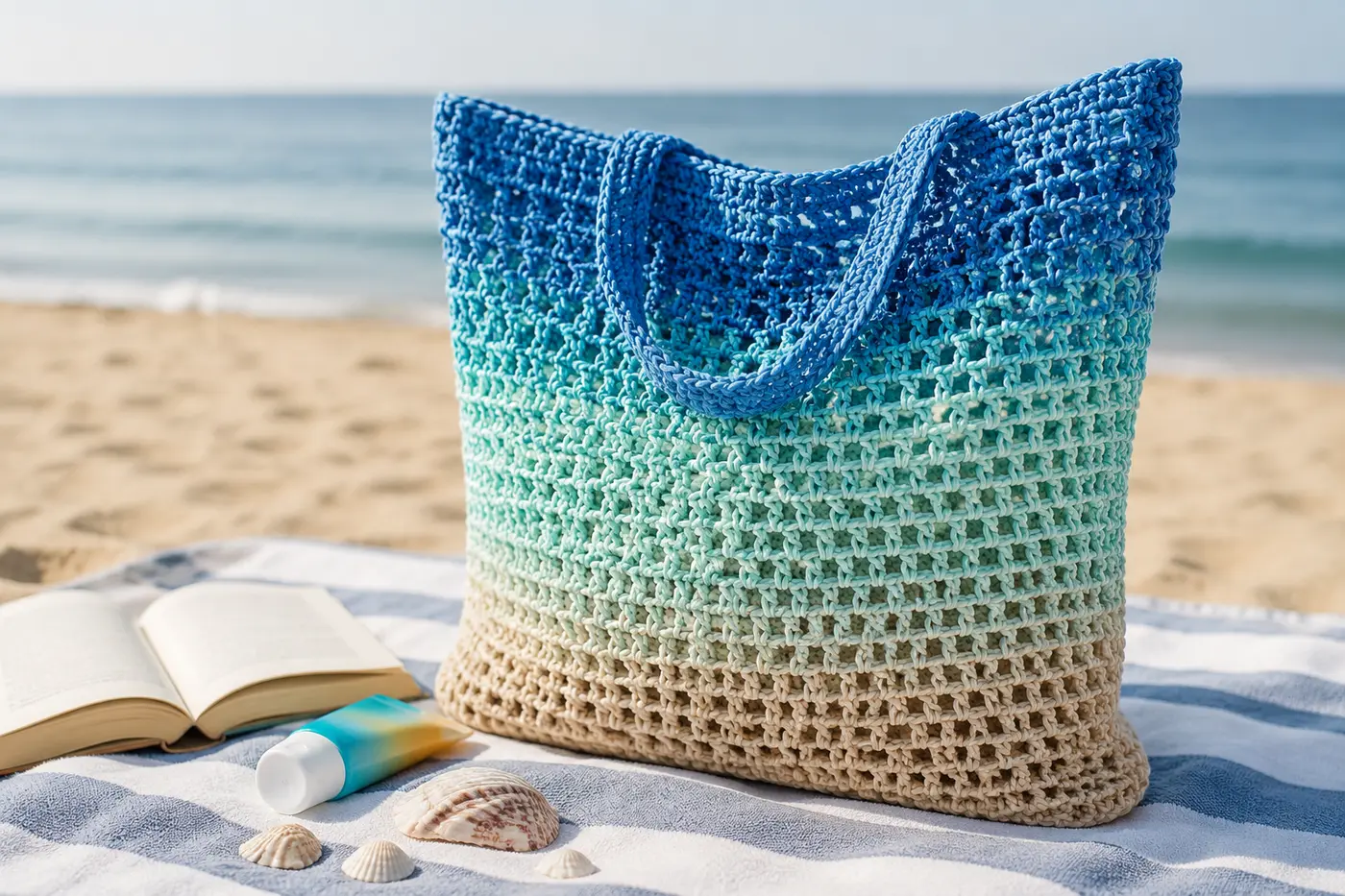 Blue ombre crochet mesh beach bag
