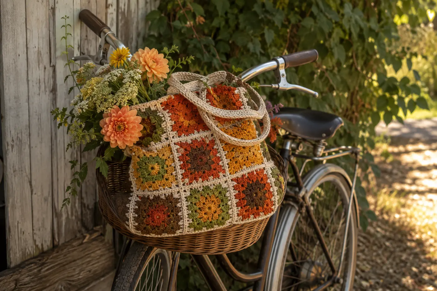 Retro granny-square crochet market bag