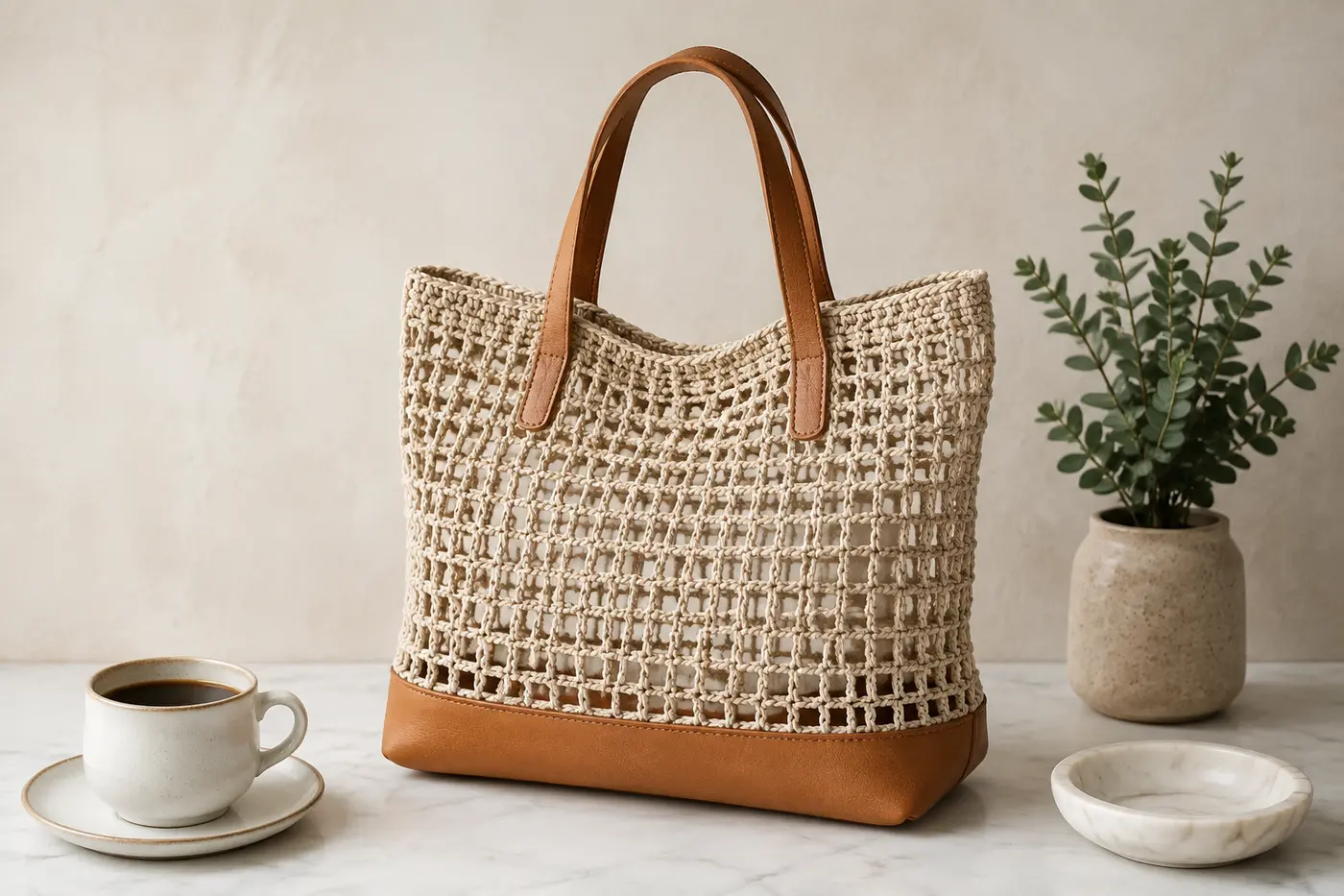 Linen crochet net bag with leather handles