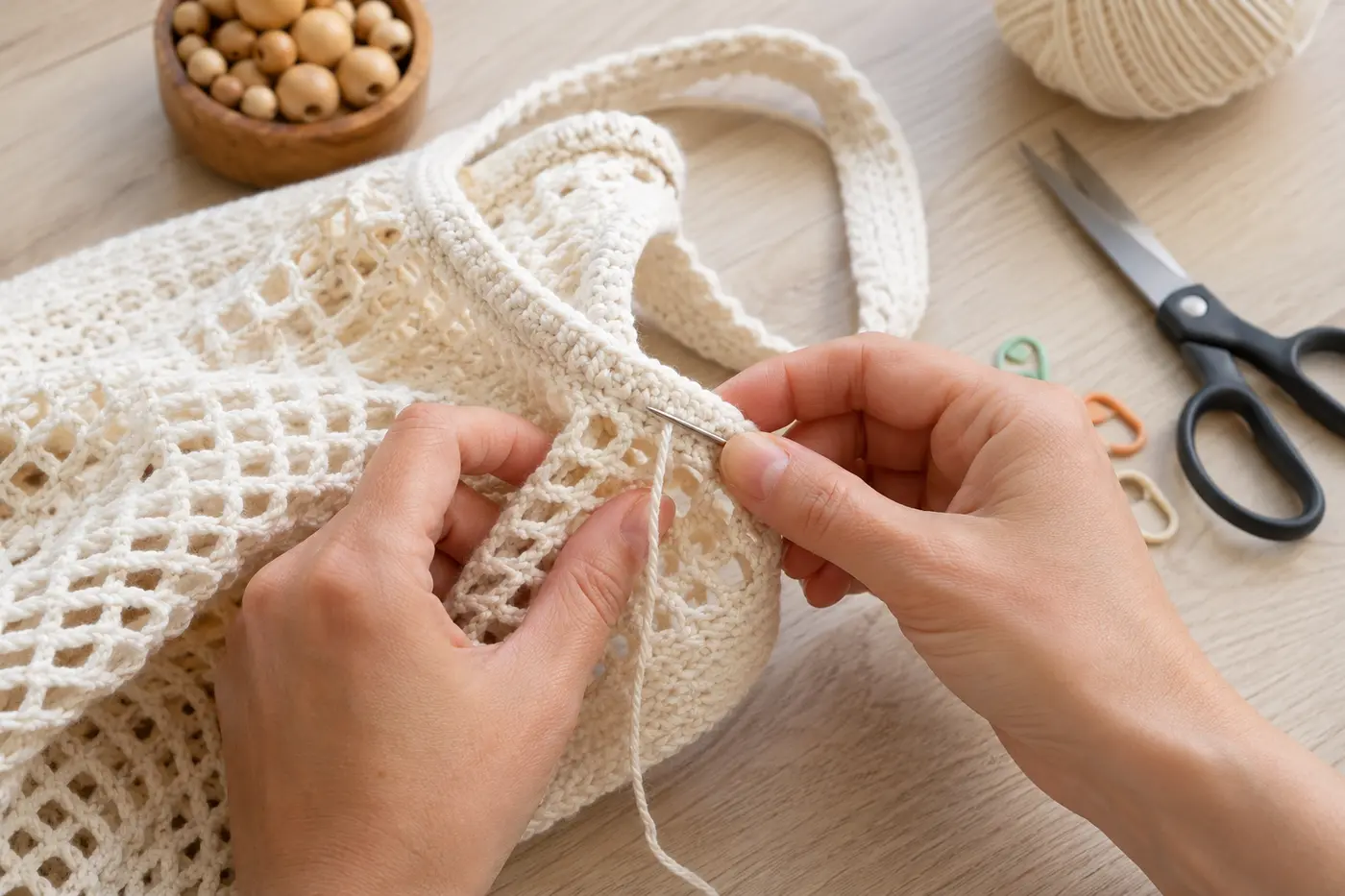 Weaving yarn ends into a crochet mesh bag